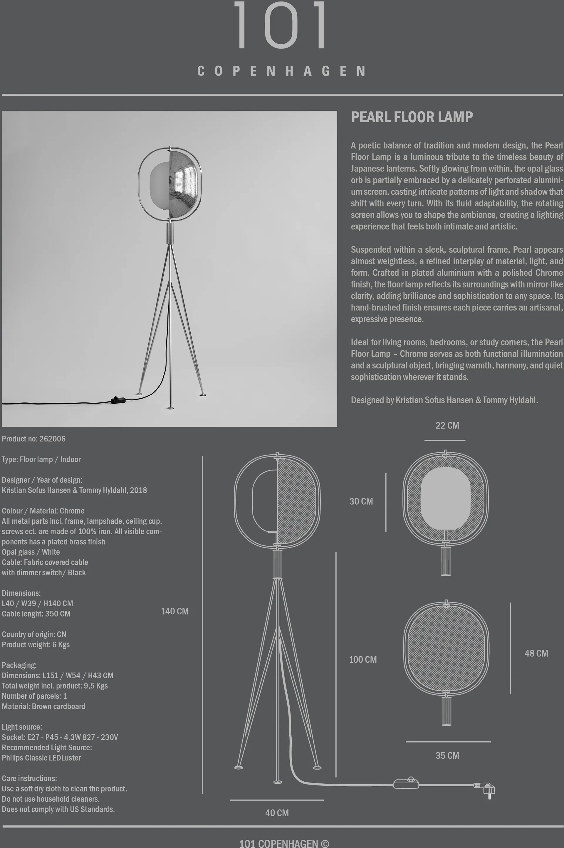 Pearl lampa podłogowa, Chrome 101 Copenhagen