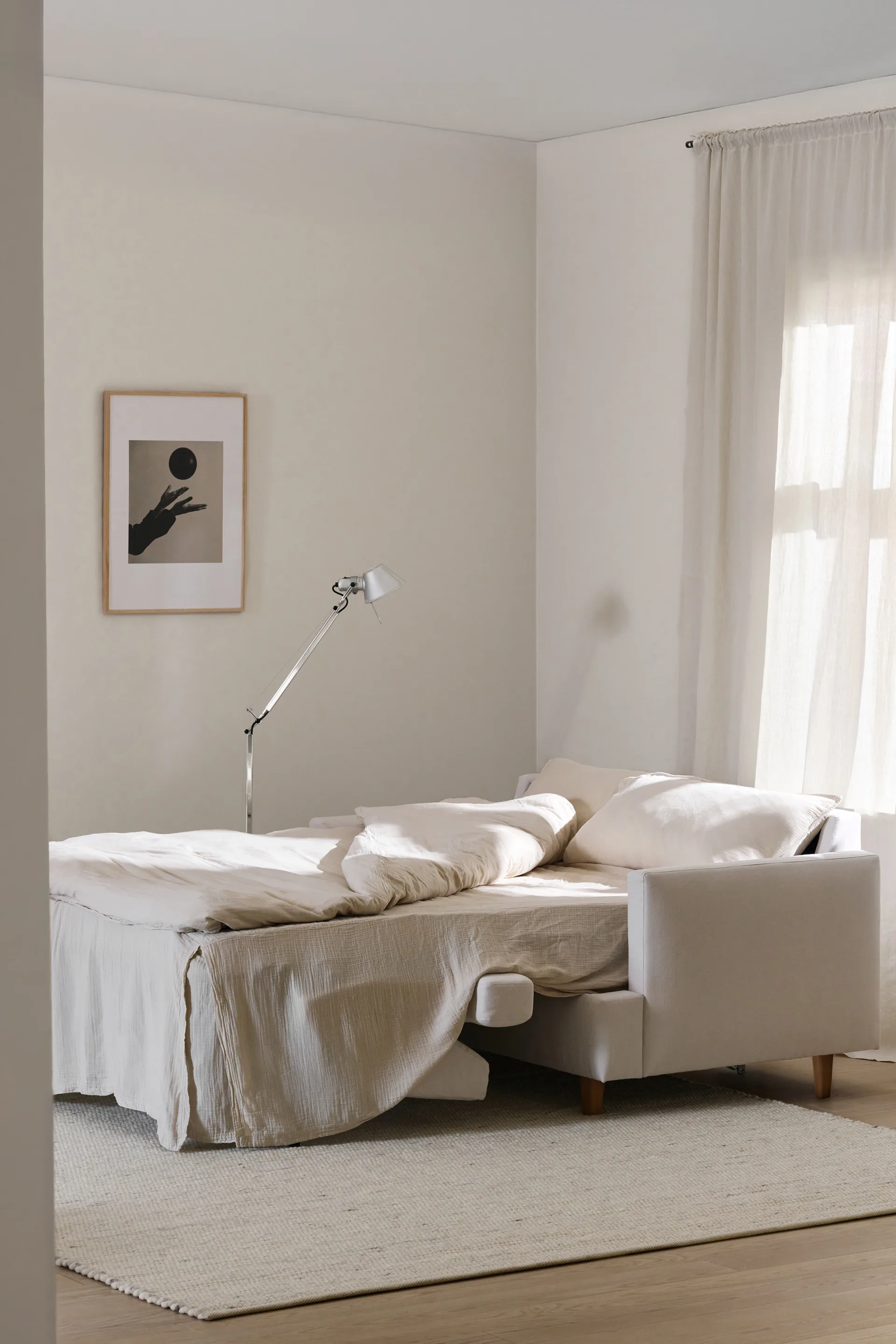 Sofa z funkcją spania Binga 2,5-osobowa, Caleido Grey 1240-jesion bejcowany na kolor dębu 1898