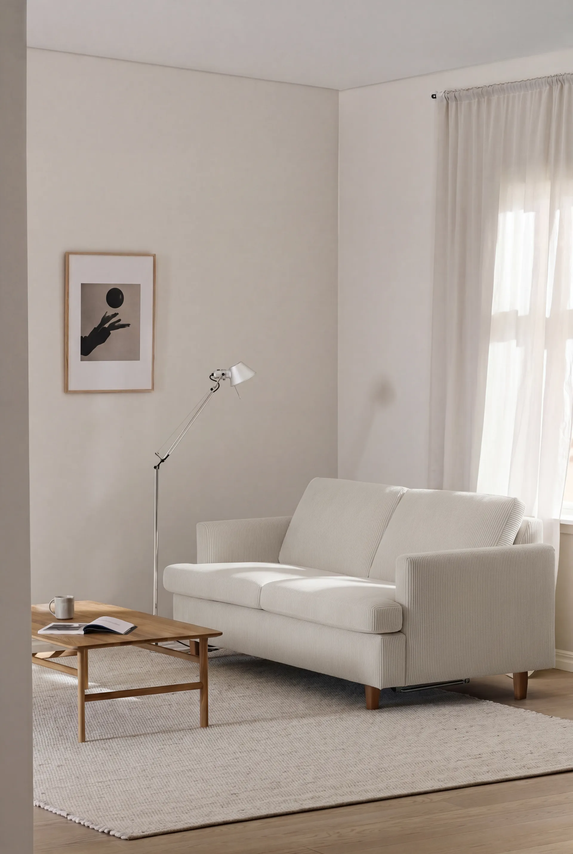 Sofa z funkcją spania Binga 2,5-osobowa, Jump Off White 1954-ciemno bejcowany jesion 1898