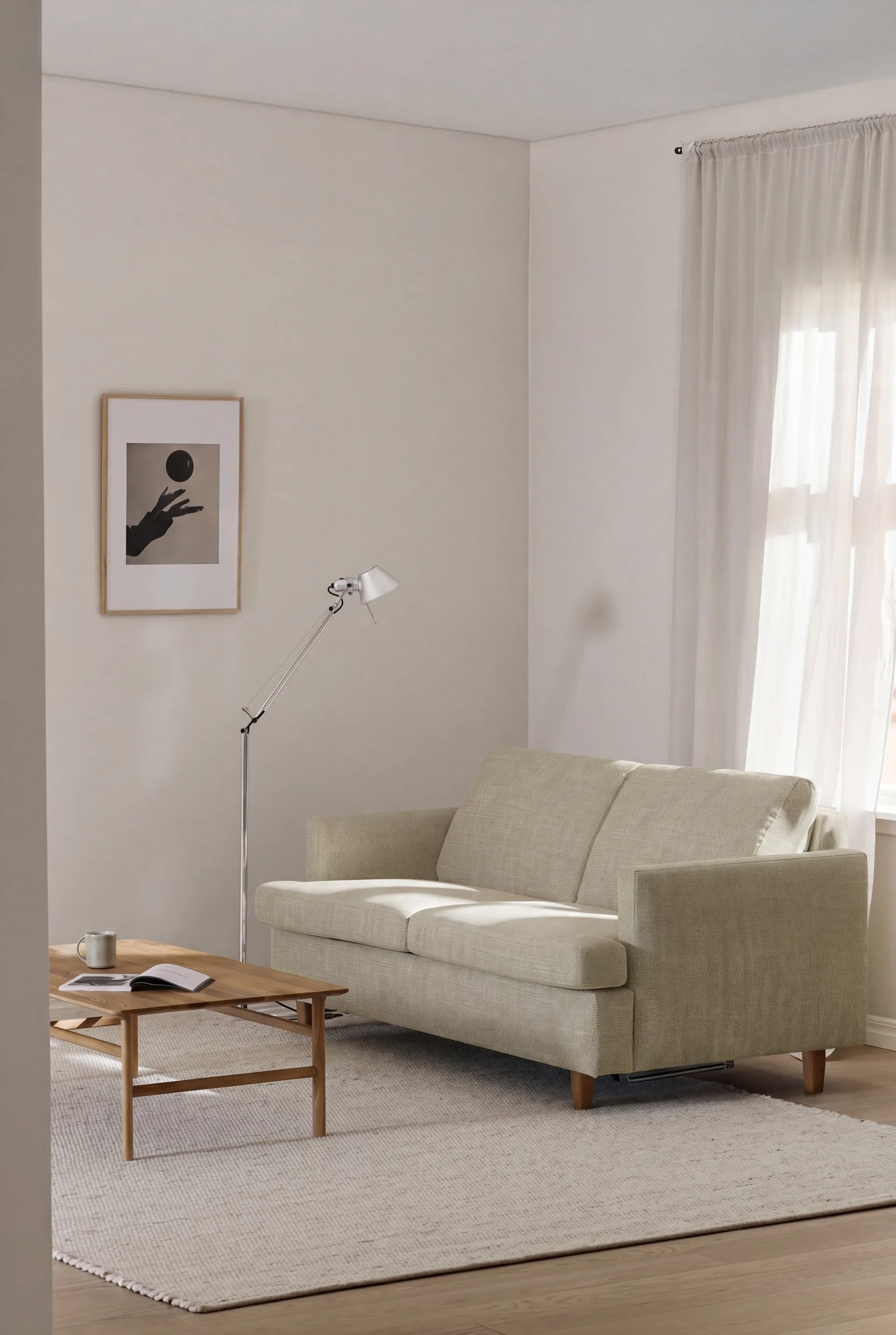 Sofa z funkcją spania Binga 2,5-osobowa, Luiza Beige 3981-jesion bejcowany na kolor dębu 1898