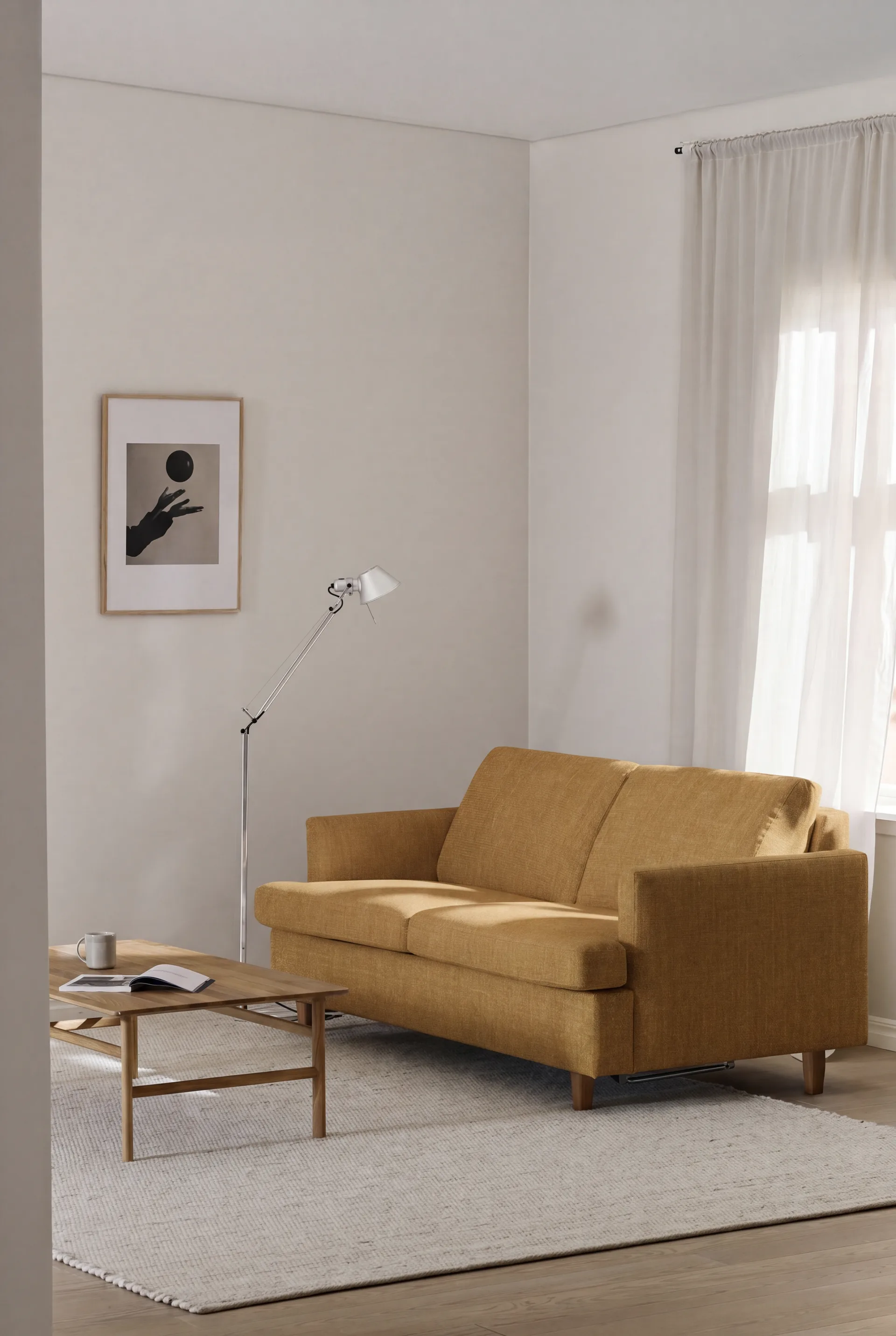 Sofa z funkcją spania Binga 2,5-osobowa, Luiza Mustard 3972-jesion bejcowany na kolor dębu 1898