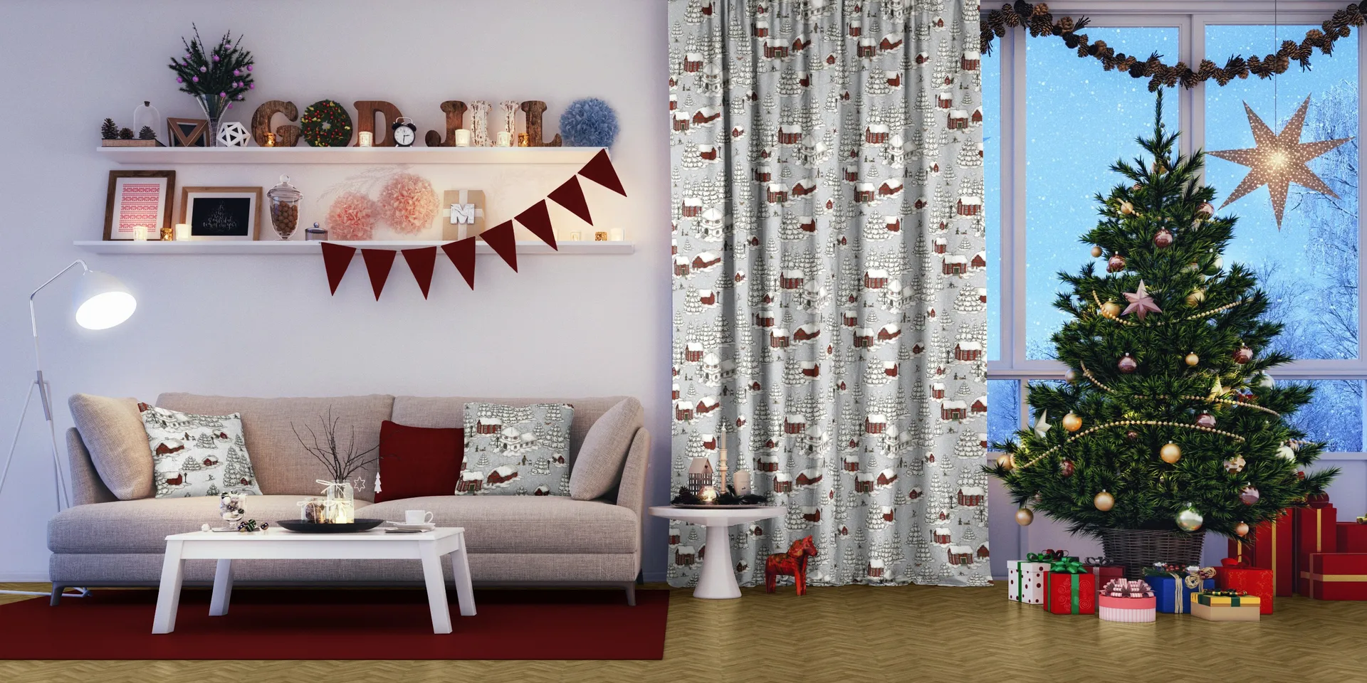 Timmerbyn tkanina, szary-czerwony Arvidssons Textil