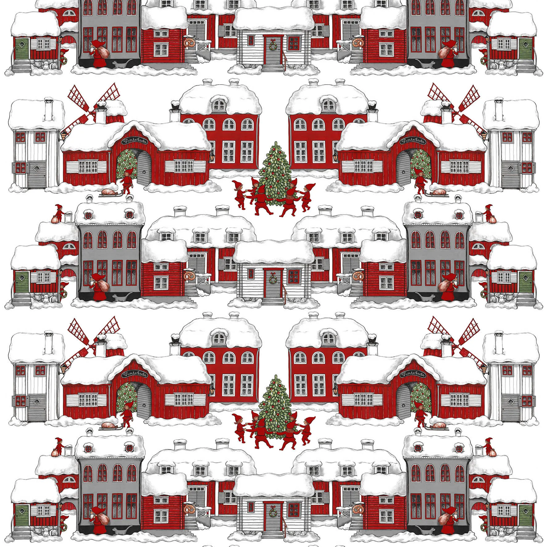 Tomteboda tkanina, Off white-czerwony Arvidssons Textil