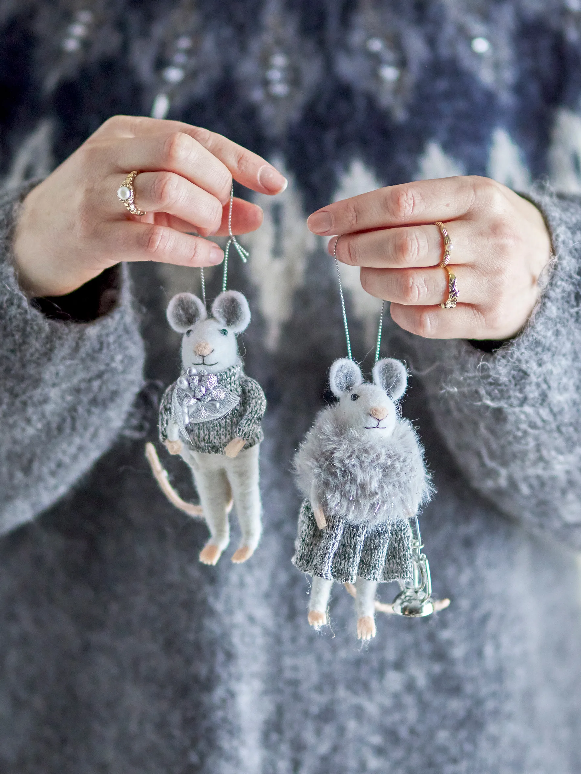 Zawieszki świąteczne Peo myszki, 2 szt., Biało-szare Bloomingville