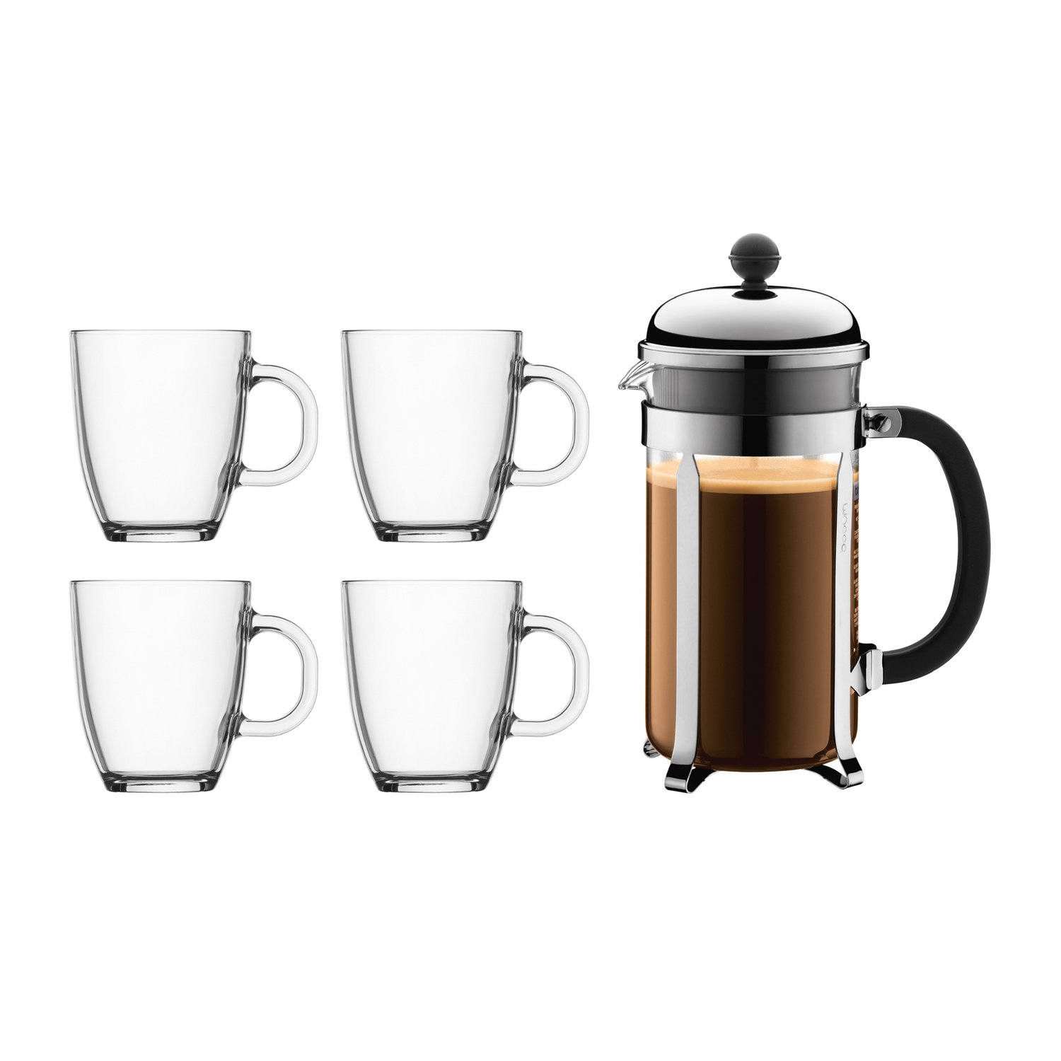 Bodum Prasa Chambord 1 L i filiżanki 5 elementów | Skandynawski Design | Srebrny kolor