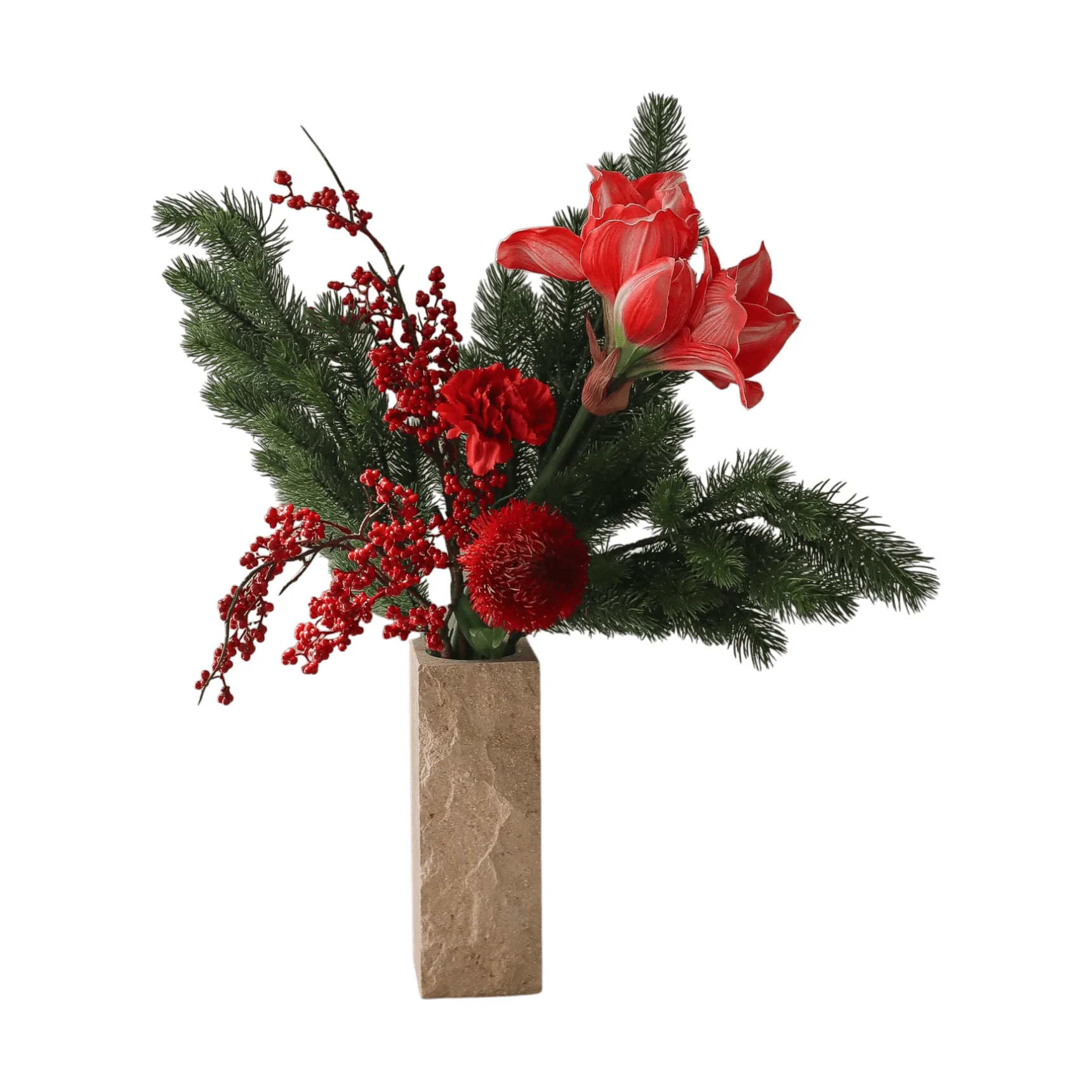 Sztuczny bukiet Red Spritz, Amaryllis, goździk, gałązki z jagodami, gałązki świerkowe, 72 cm Botané