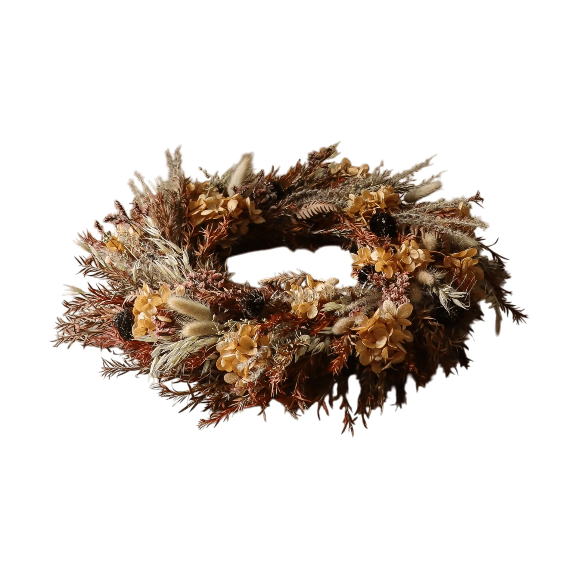 Wianek kwiatow Golden Meadow Wreath, Hortensja–suszona trawa–paproć–zajęcze uszy, Ø40 cm Botané