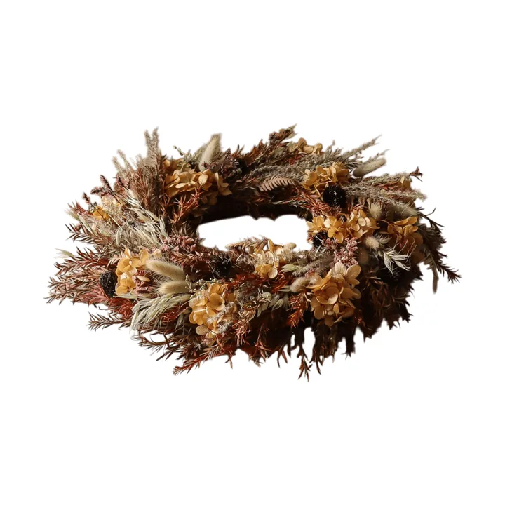 Wianek kwiatow Golden Meadow Wreath - Hortensja–suszona trawa–paproć–zajęcze uszy, Ø40 cm - Botané