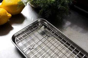 Blacha gastronomiczna Culimat z rusztem chłodzącym. - Stal nierdzewna, 38x14x2,5 cm - Culimat