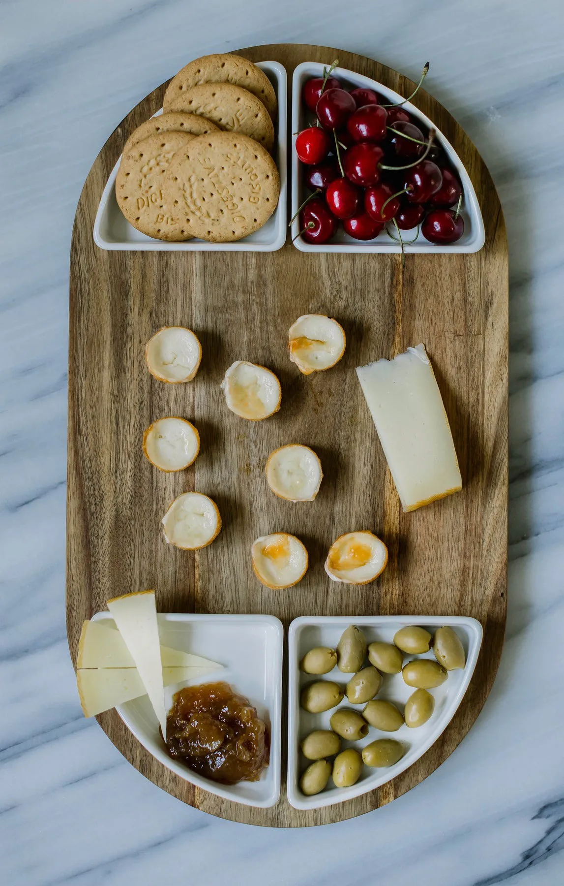 Sevyn taca do podawania + miska 5 części, Akacja - biała porcelana Dorre