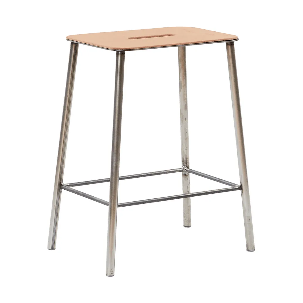 Taboret Adam, Raw steel-natural leather, H:50 cm FRAMA