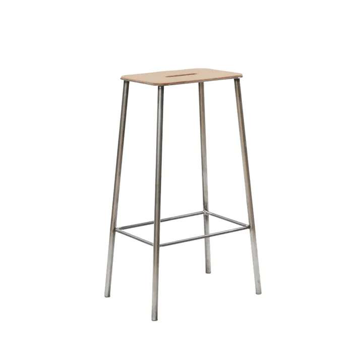 Taboret Adam - Raw steel-natural leather, H:76 cm - FRAMA