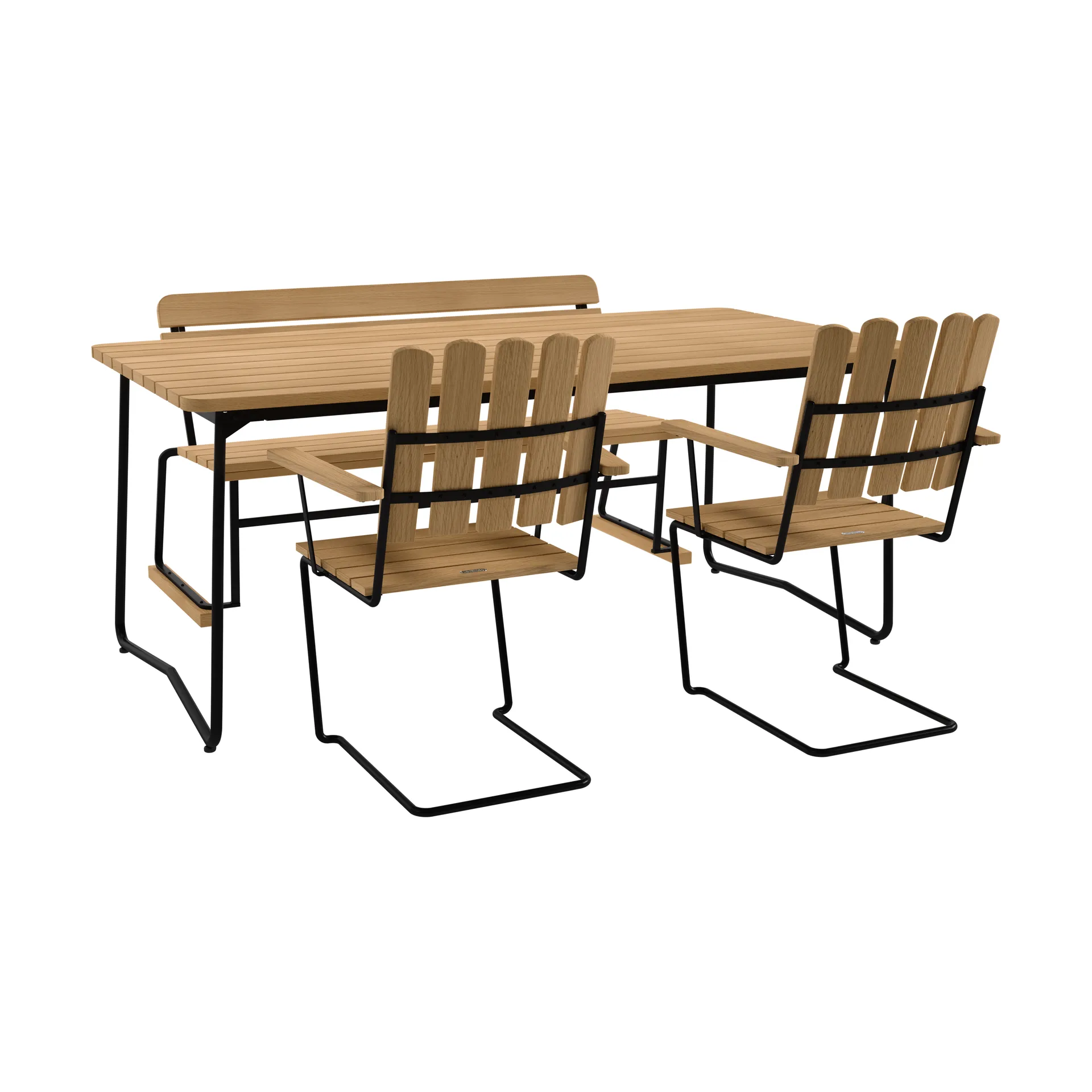 B31 stół 170 cm + 2 fotele A2 + sofa 3, olejowany dąb-czarny stelaż Grythyttan Stålmöbler