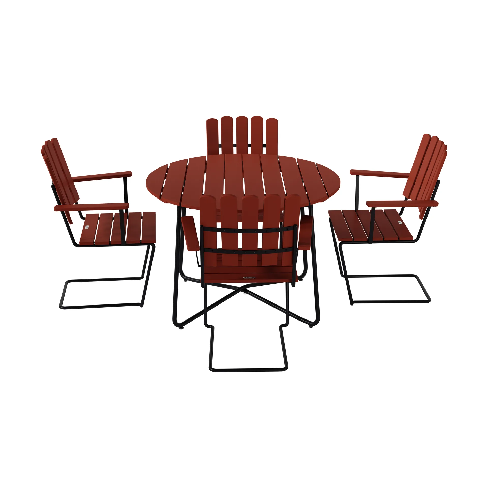 Stół 9A Ø100 cm + 4 fotele A2, ciemnoczerwony dąb-czarny stelaż,  Grythyttan Stålmöbler