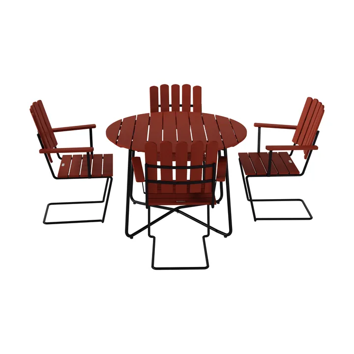 Stół 9A Ø100 cm + 4 fotele A2, ciemnoczerwony dąb-czarny stelaż - Grythyttan Stålmöbler