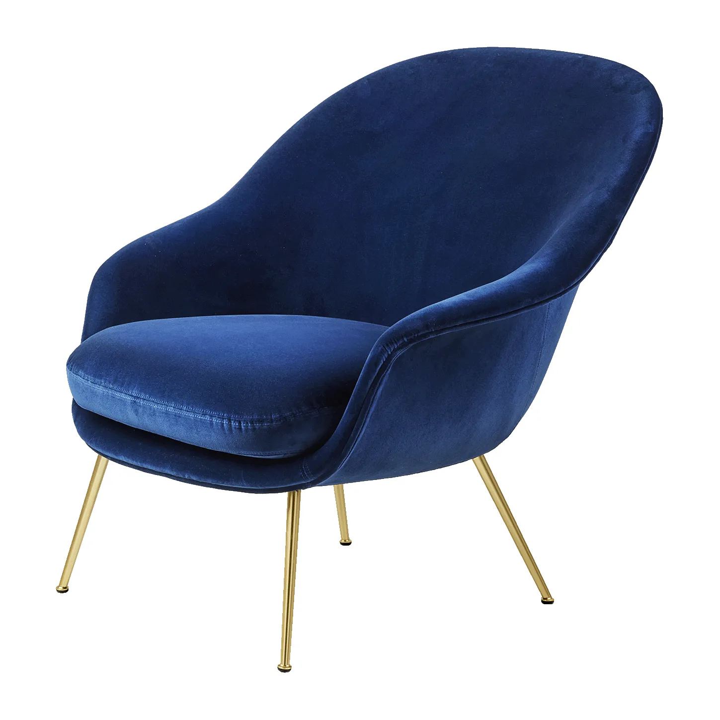 Bat Lounge Chair low back conic base, Velvet 420 sapphire blue-brass GUBI