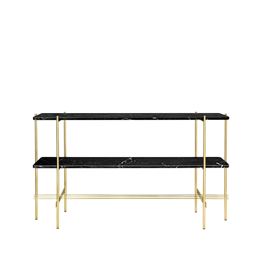 TS Console 2 stolik konsoli, black marquina marble, mosiężny stojak, 2 marmurowe półki GUBI