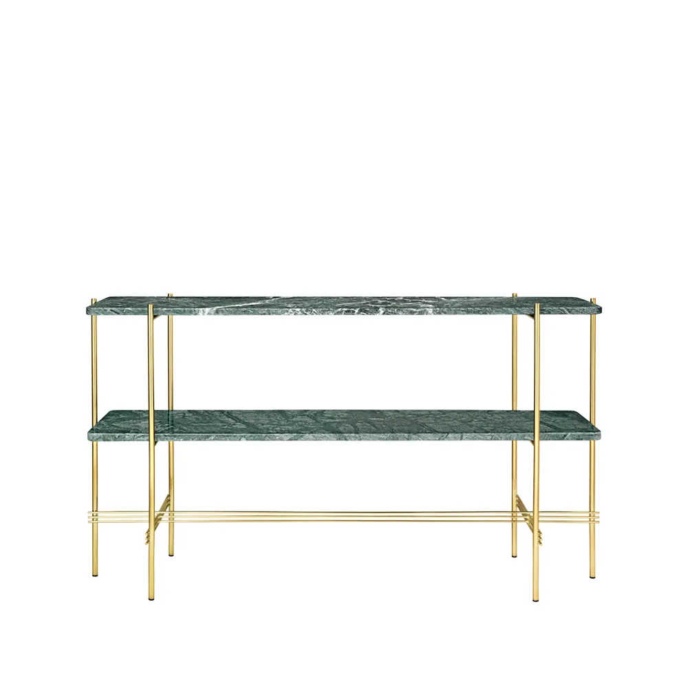 TS Console 2 stolik konsoli, green guatemala marble, mosiężny stojak, 2 marmurowe półki GUBI
