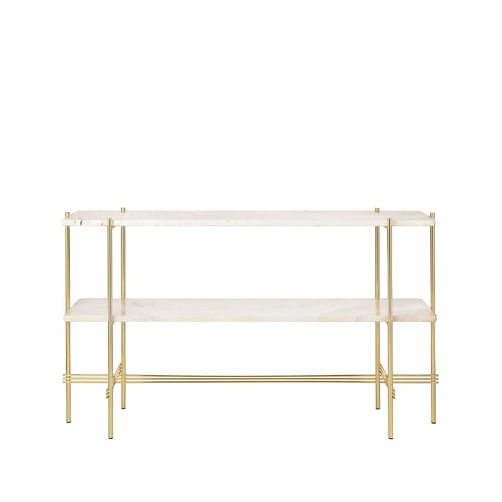 TS Console 2 stolik konsoli - Natural white travertine, mosiężny stojak, 2 marmurowe półki - GUBI