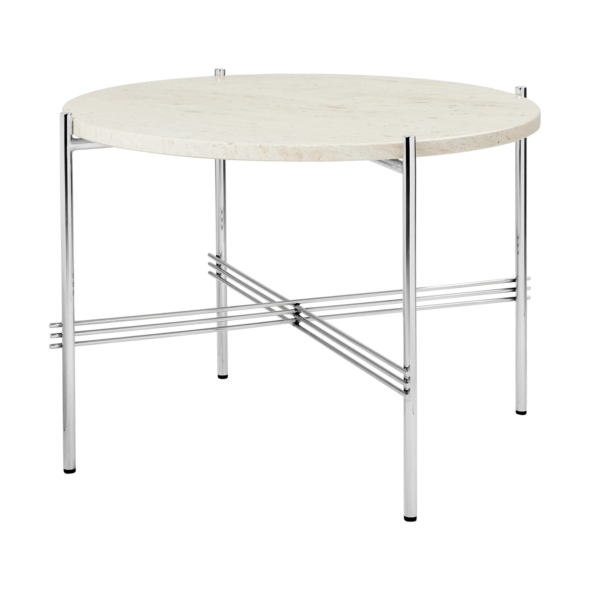 TS stolik kawowy polerowany stal Ø55, Neutral white travertine GUBI