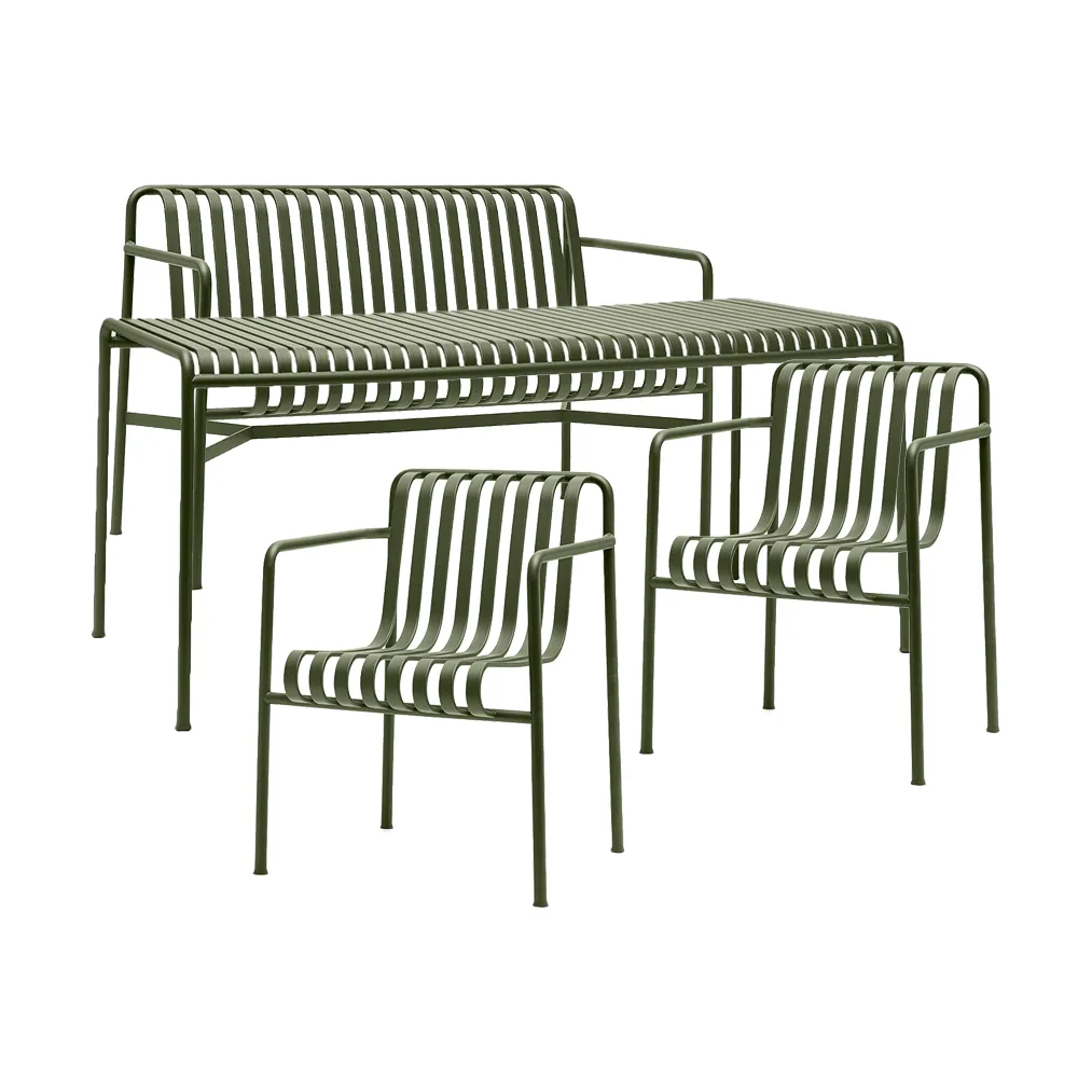 Palissade grupa jadalna z 2 krzesłami z podłokietnikami Dining + ławka 170x90 cm, olive,  HAY
