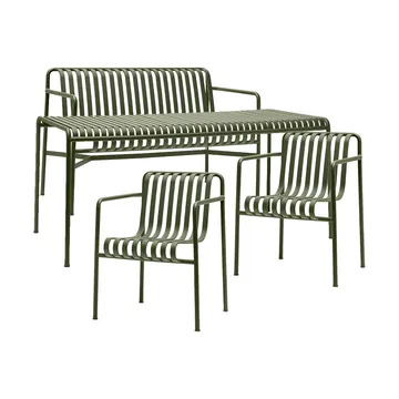 Palissade grupa jadalna z 2 krzesłami z podłokietnikami Dining + ławka 170x90 cm, olive - HAY