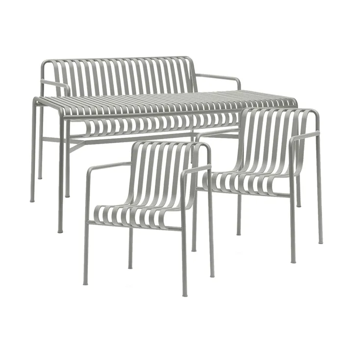 Palissade grupa jadalna z 2 krzesłami z podłokietnikami Dining + ławka 170x90 cm, sky grey - HAY