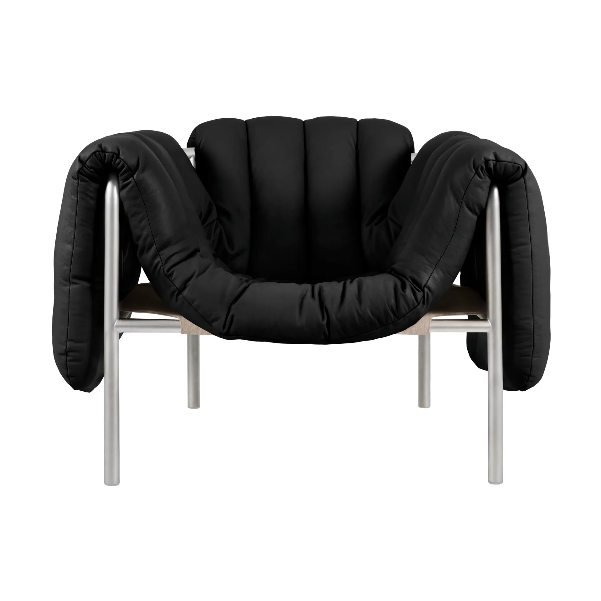 Puffy lounge fotel, Black leather-stal nierdzewna Hem