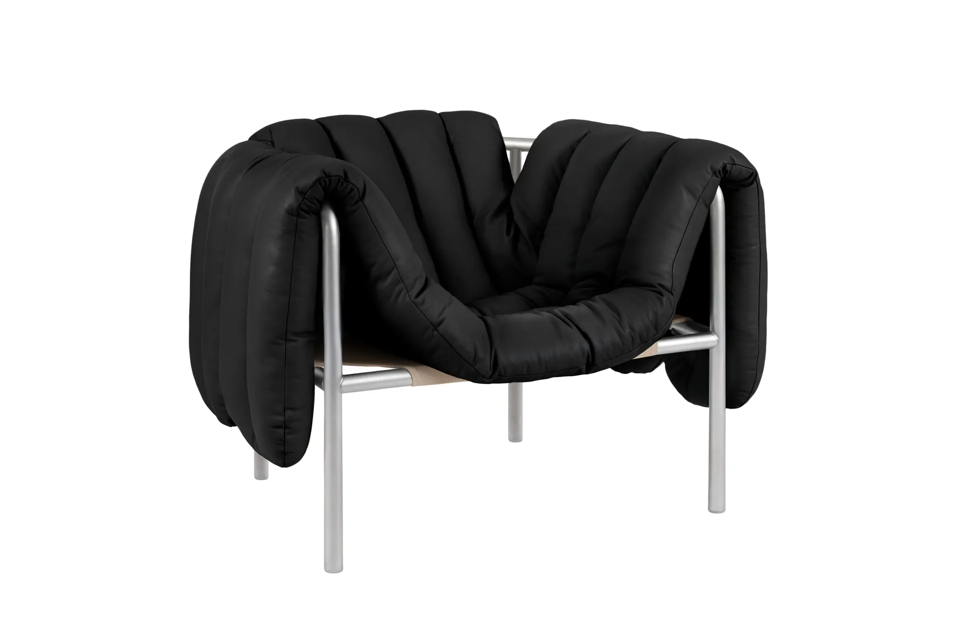 Puffy lounge fotel, Black leather-stal nierdzewna Hem
