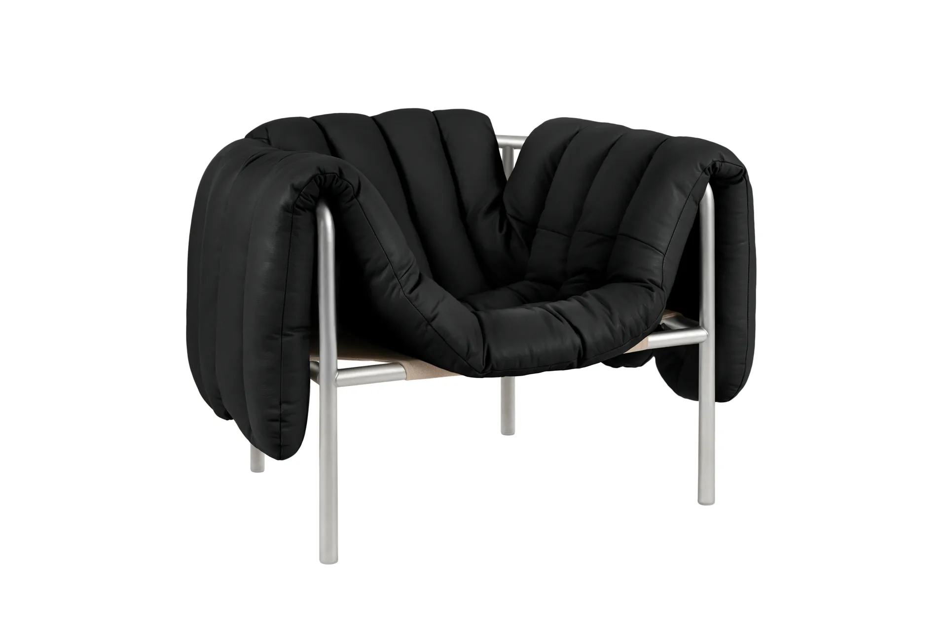 Puffy lounge fotel, Black leather-stal nierdzewna Hem