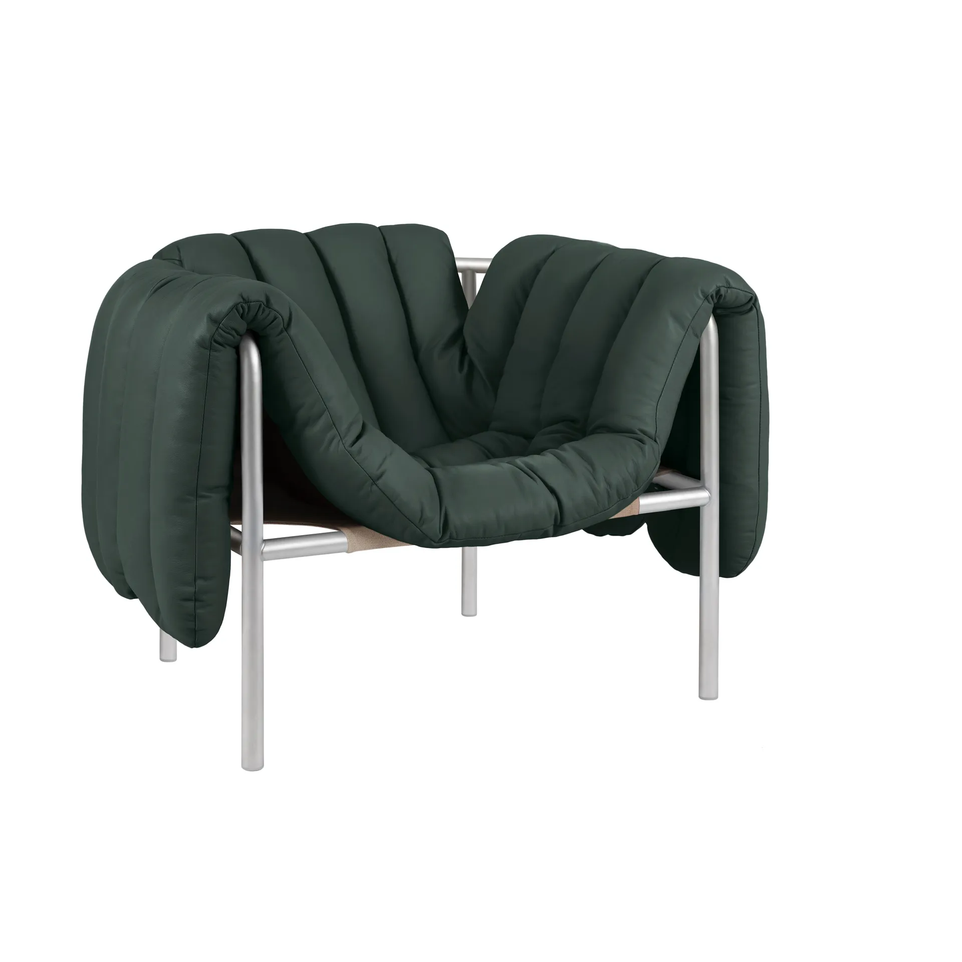 Puffy lounge fotel, Dark green leather-stal nierdzewna Hem