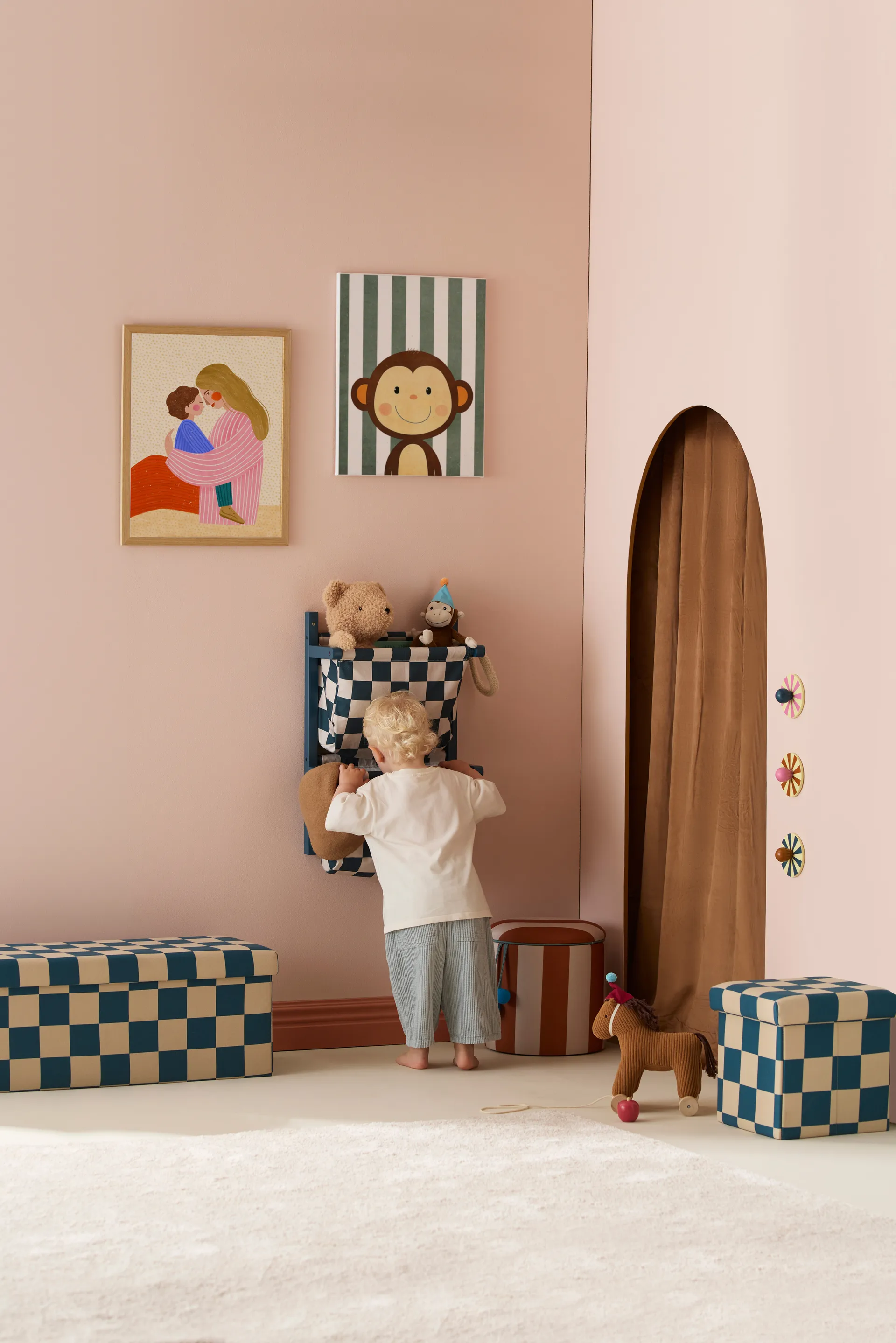 Półka z materiałowymi kieszeniami w kratkę, Turkusowy, 40×19×60 cm Kid's Concept