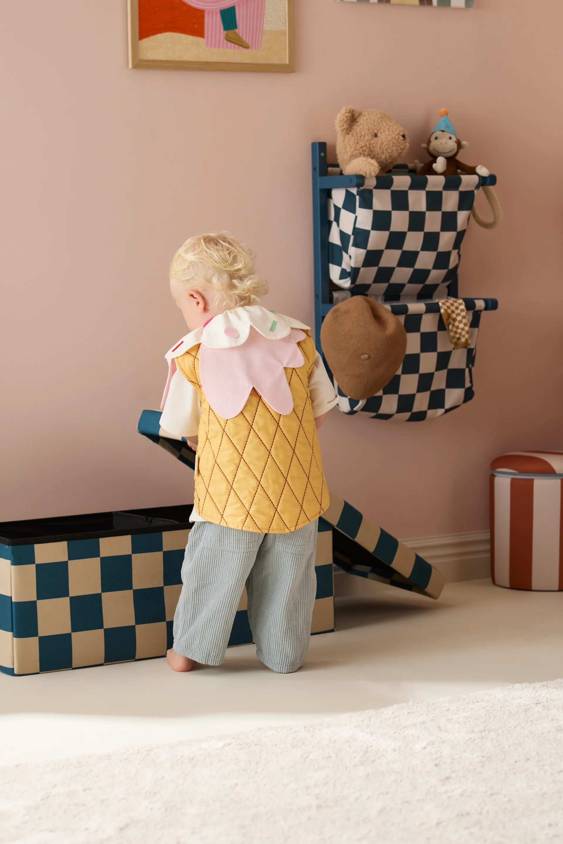 Pufa ze schowkiem w kratkę, Turkusowy, 80×30×30 cm Kid's Concept