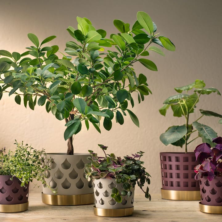 Doniczka mosiężna Trio Drop beżowa z podstawką, Medium Ø18 cm KLONG