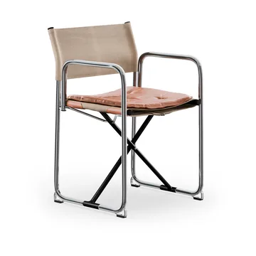 Krzesło X75-2 z podłokietnikami - Tkanina lniana natural - skóra Elmo Nordic Cognac-chromowane nogi - Lammhults