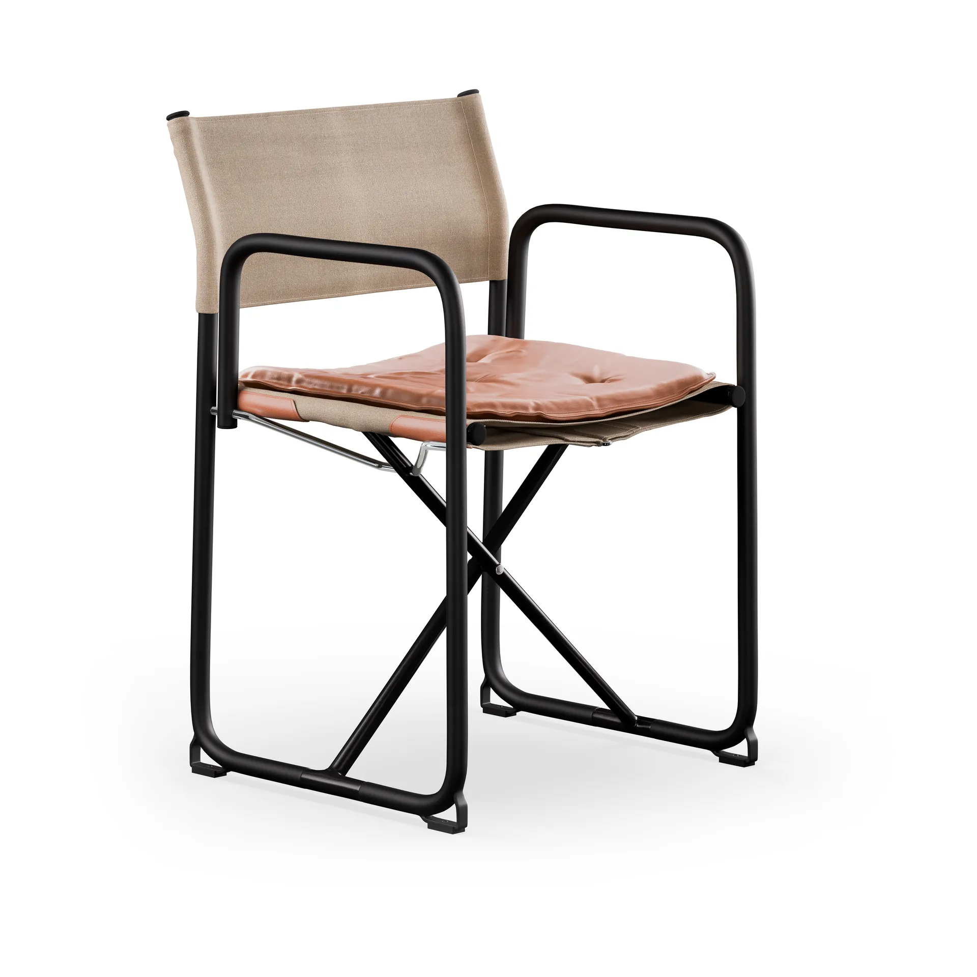 Krzesło X75-2 z podłokietnikami, Tkanina lniana natural – skóra Elmo Nordic Cognac–czarne nogi Lammhults