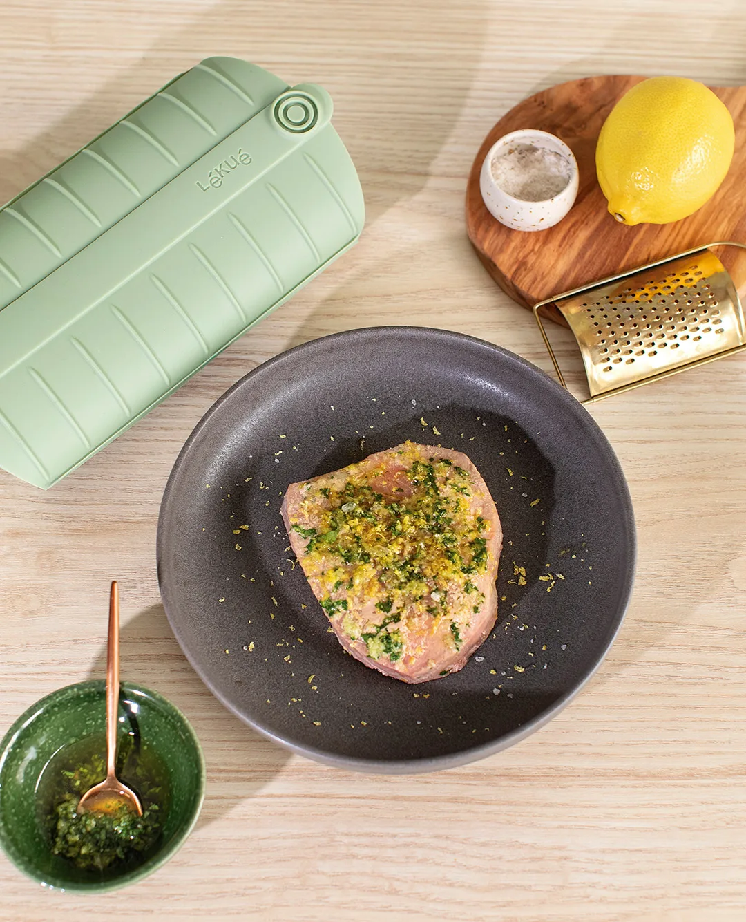 Lékué naczynie do gotowania na parze, Zielony, z tacą, 2‑szt. Lékué