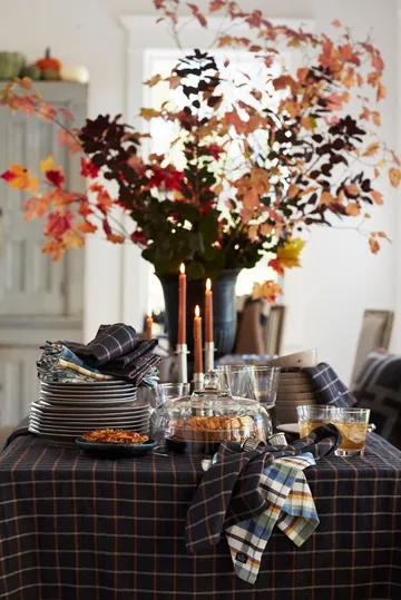 Checked Cotton Linen obrus 150x350 cm - Dark gray-beige - Lexington