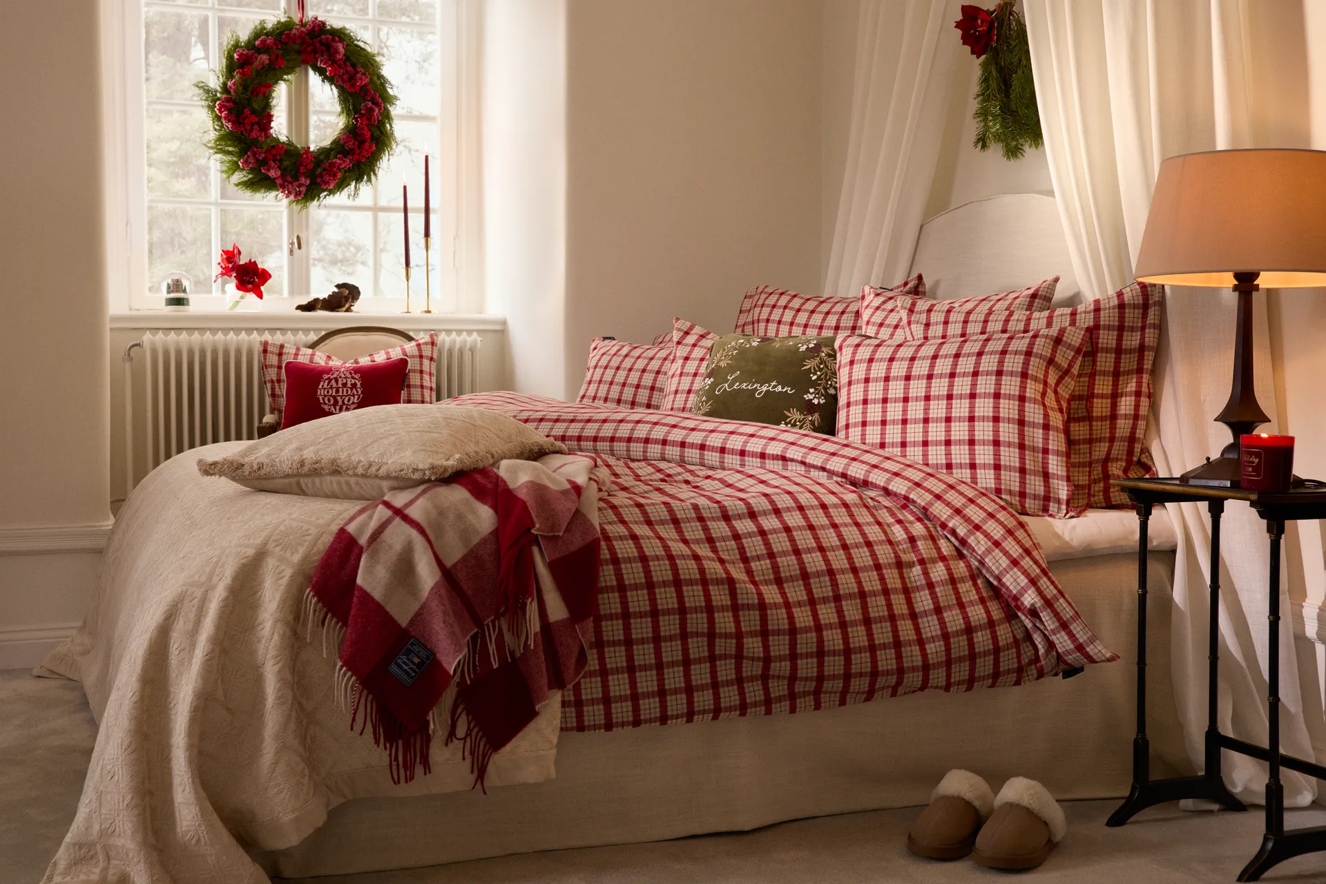 Koc Red-beige Checked z recyklingowanej wełny 130x170 cm, Red-beige Lexington