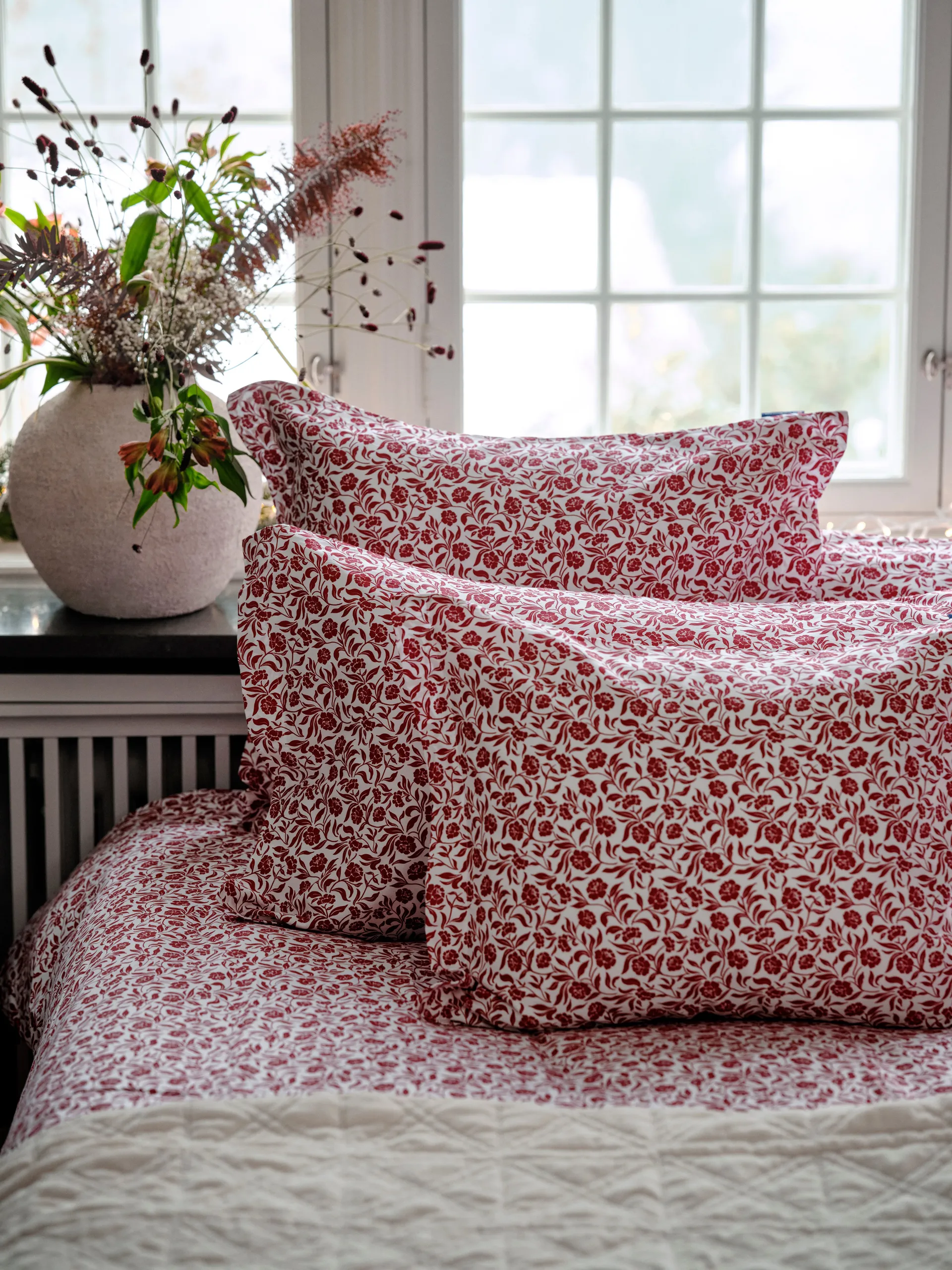 Komplet pościeli Flower Printed Cotton Sateen, Biało-czerwony Lexington