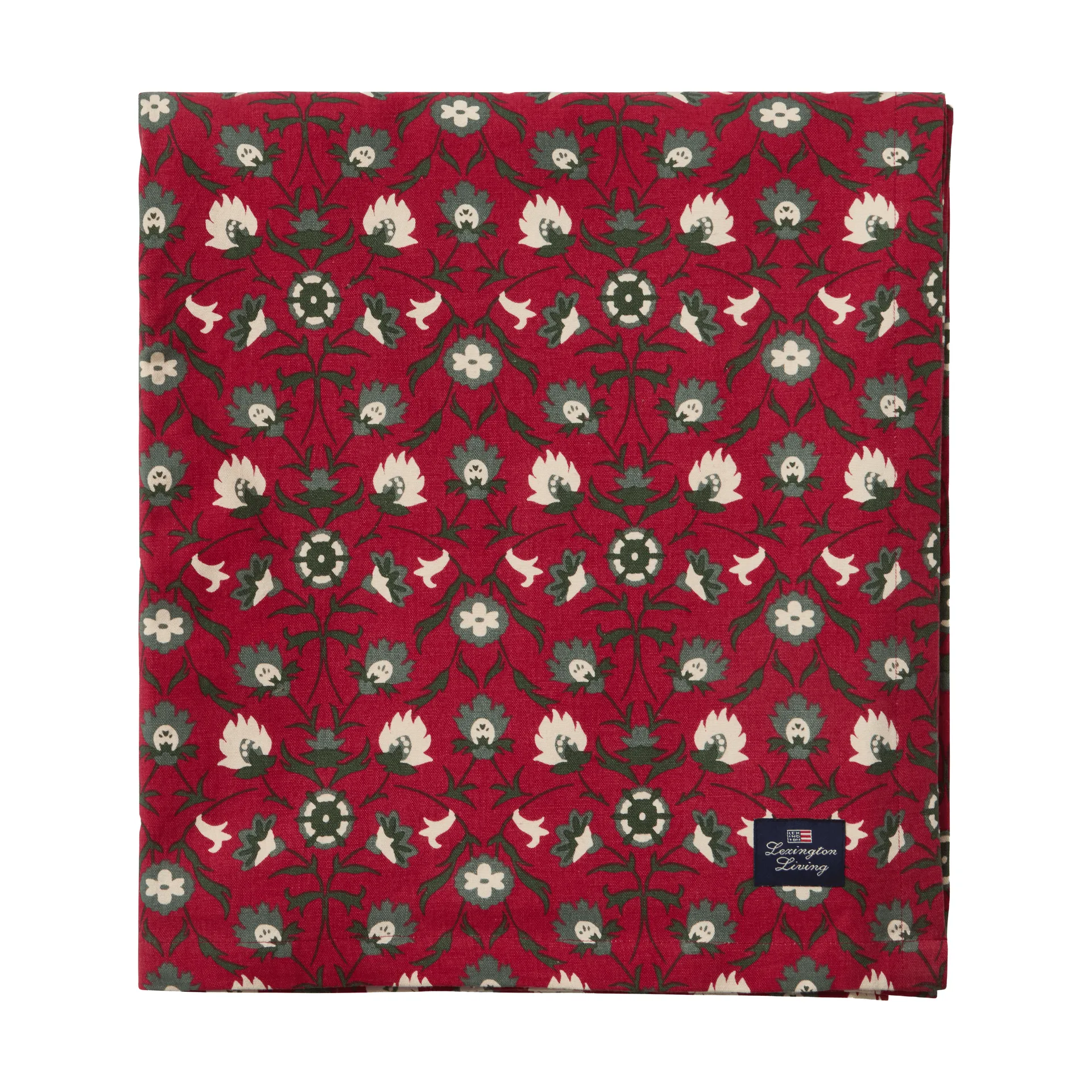 Obrus Flower printed z bawełny organicznej, Red-beige-green, 150x250 cm Lexington