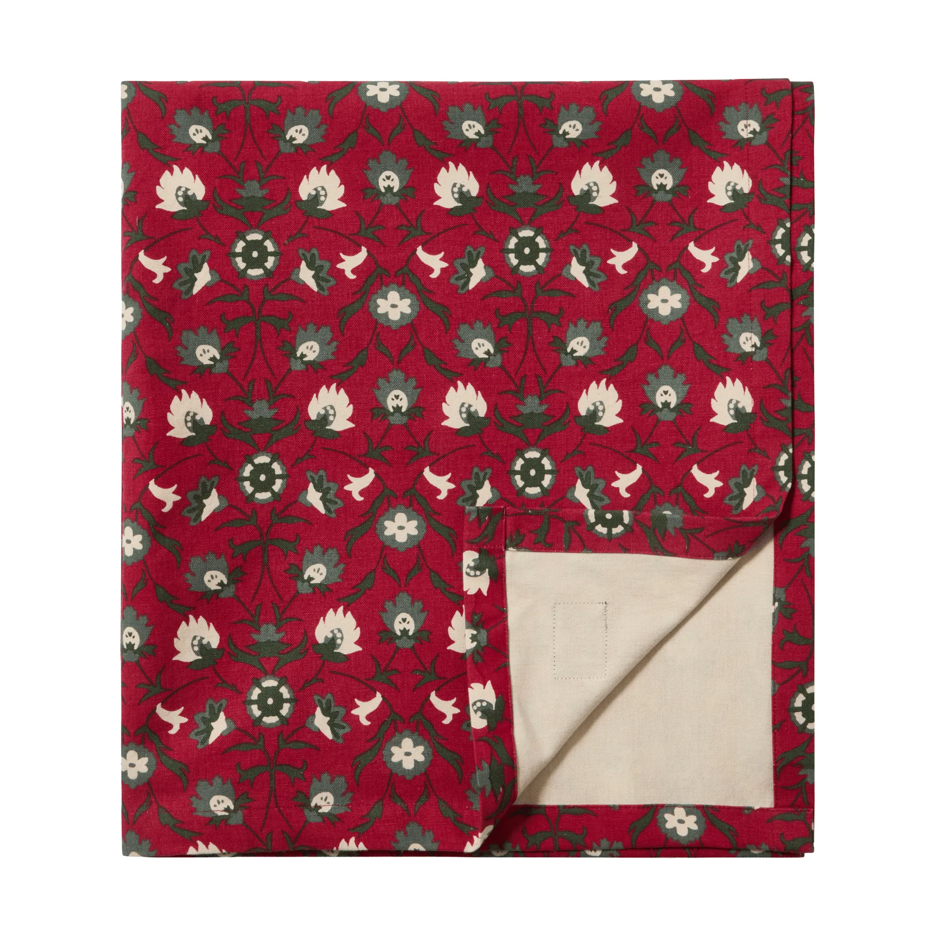 Obrus Flower printed z bawełny organicznej, Red-beige-green, 150x250 cm Lexington