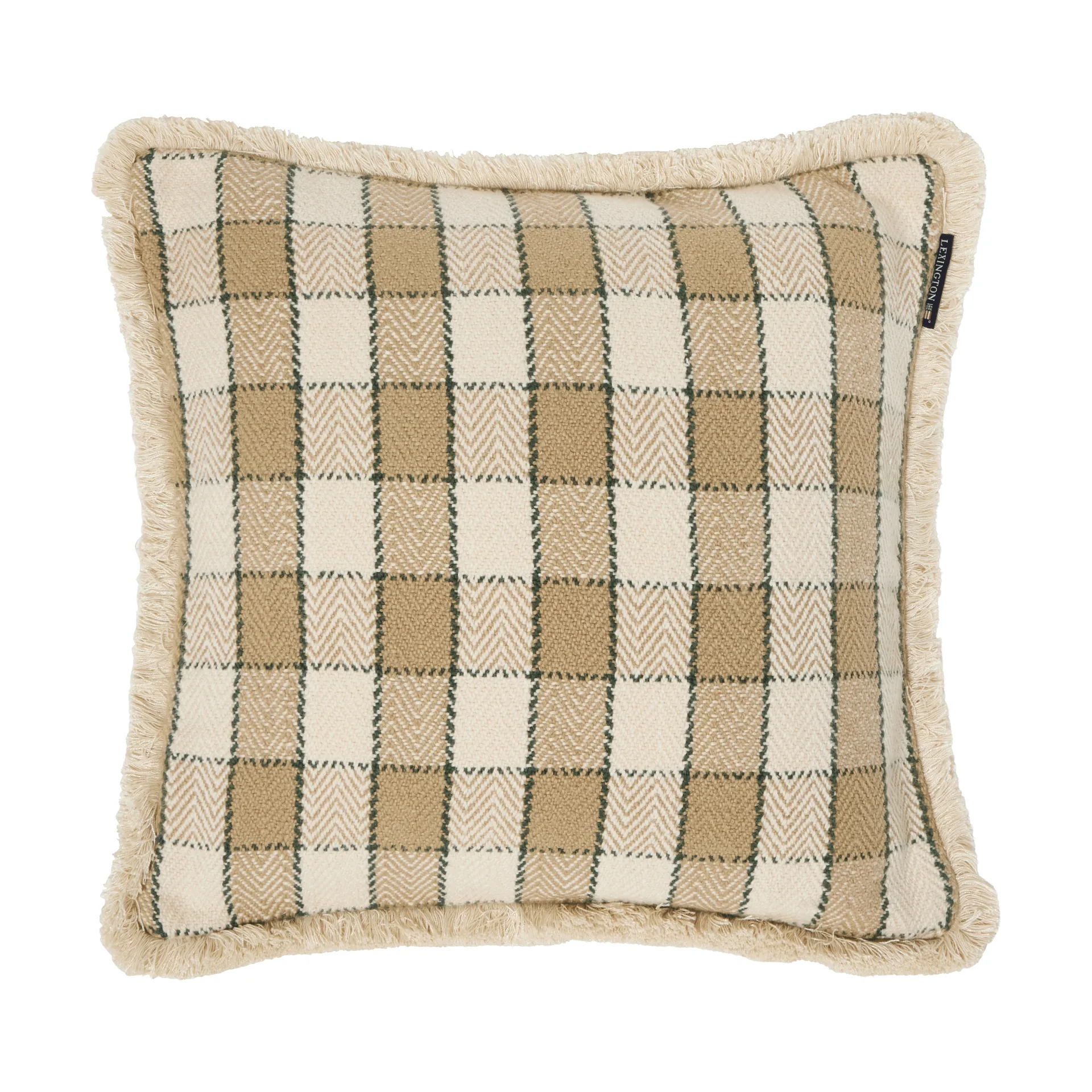 Poszewka na poduszkę Checked organic cotton fringe, Beige-light beige-green Lexington