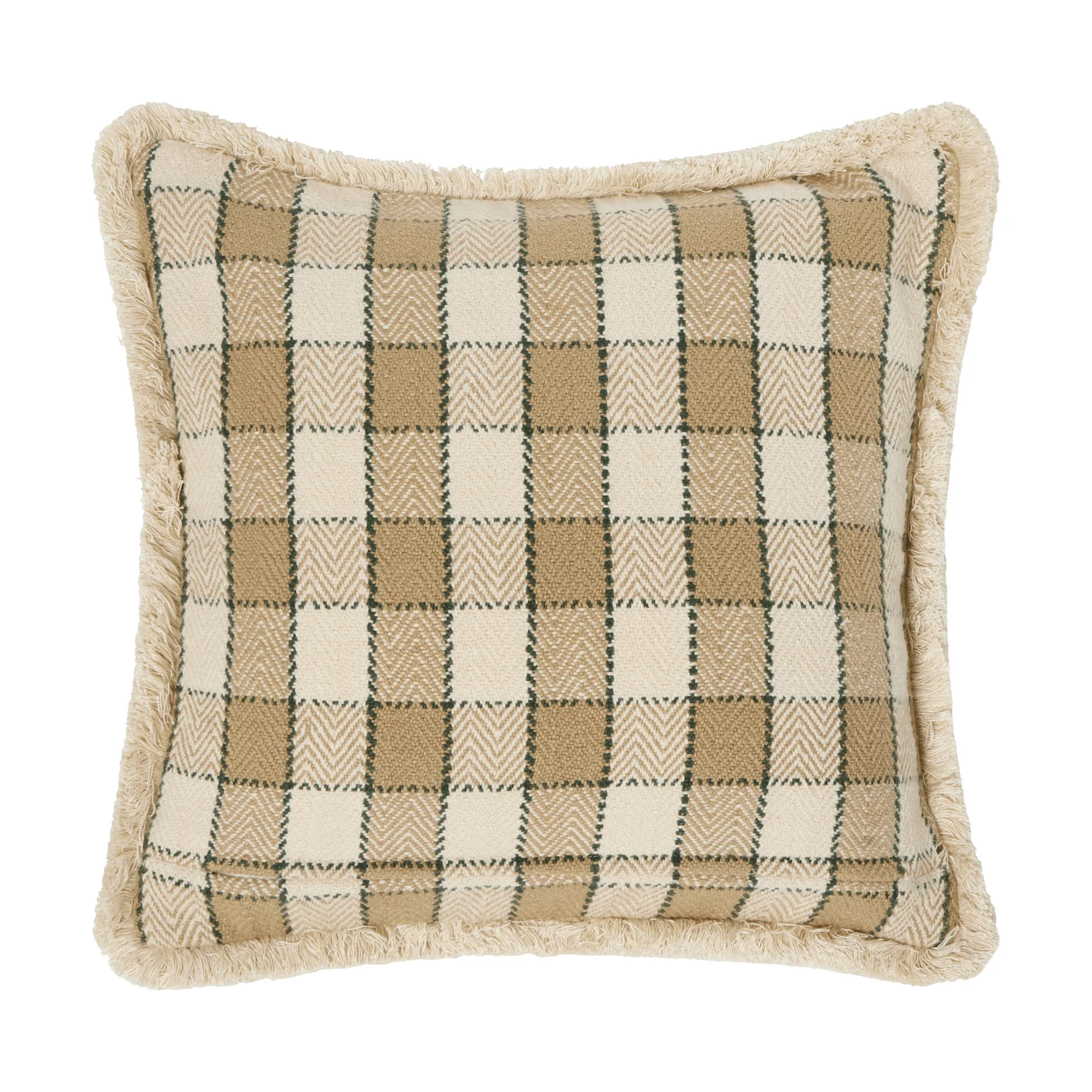 Poszewka na poduszkę Checked organic cotton fringe, Beige-light beige-green Lexington