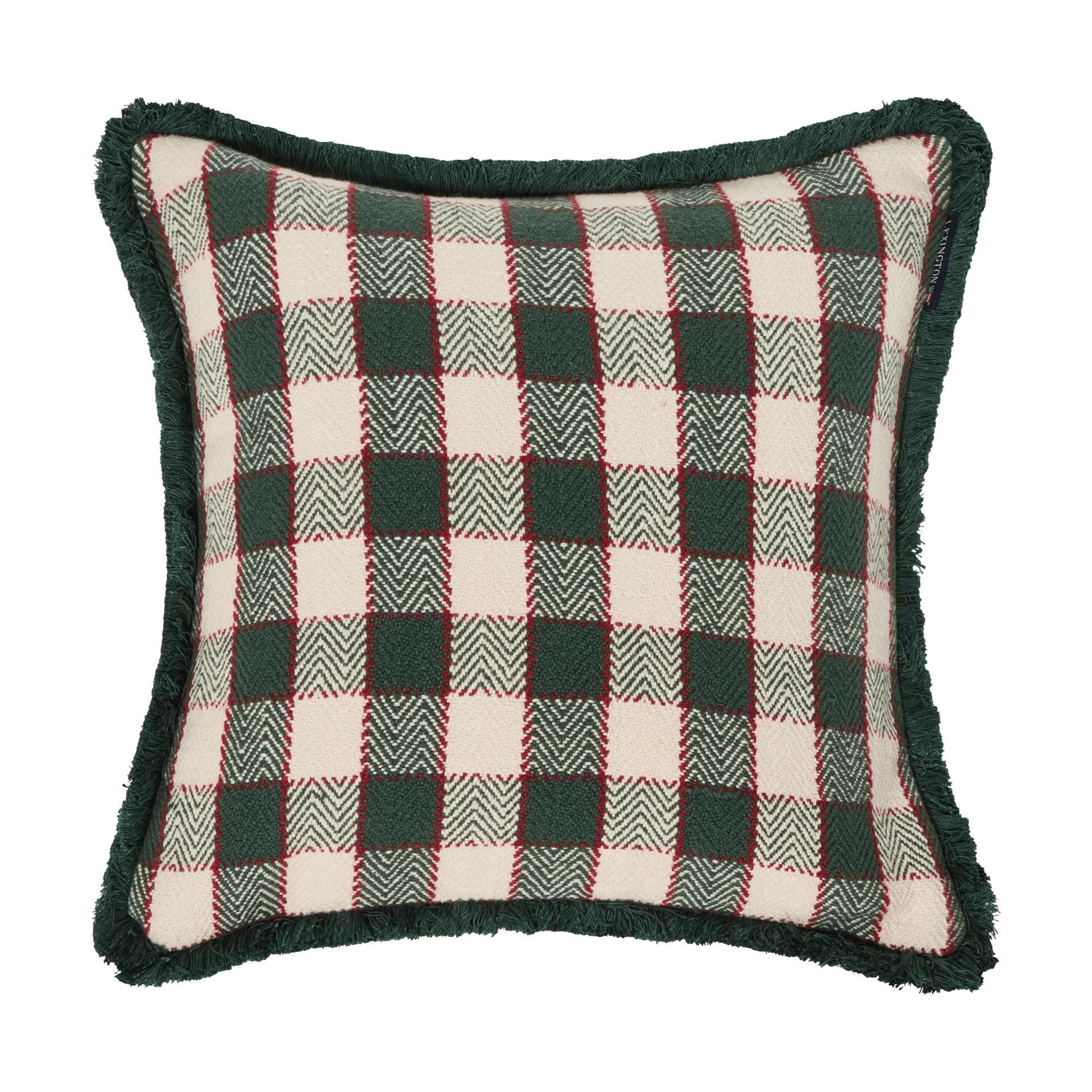 Poszewka na poduszkę Checked organic cotton fringe, Green-light beige-red Lexington