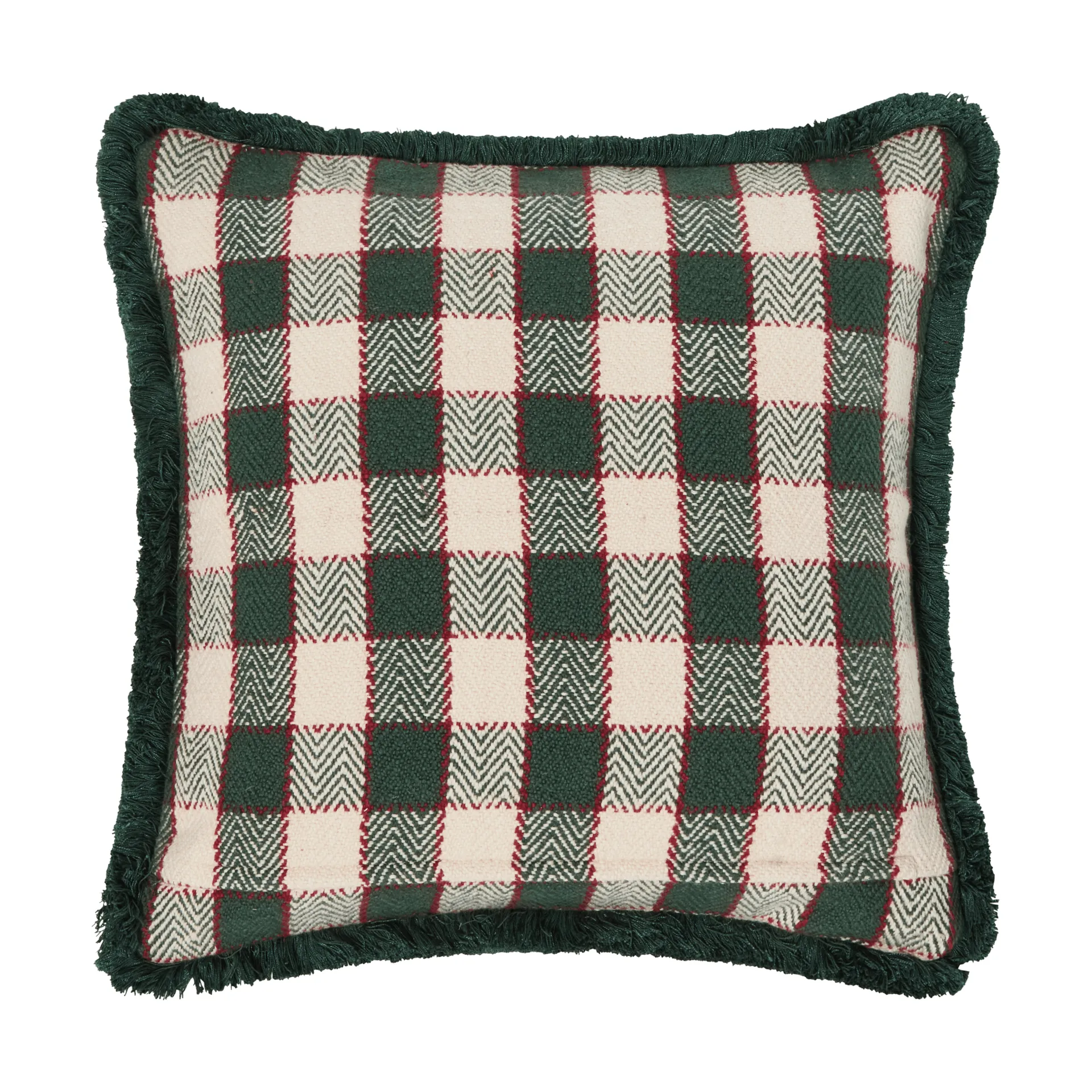 Poszewka na poduszkę Checked organic cotton fringe, Green-light beige-red Lexington