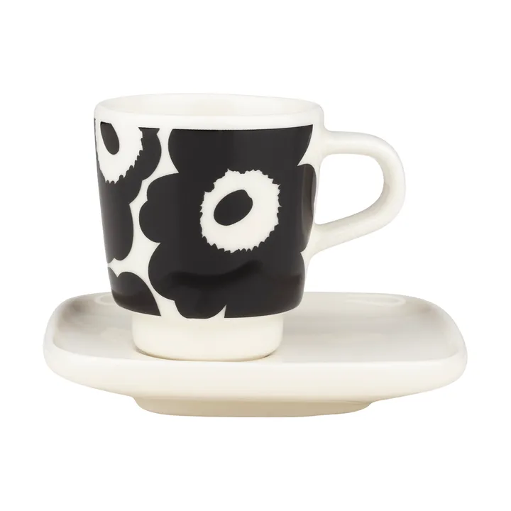 Filiżanka do espresso Unikko ze spodkiem, 2 części - Black-white - Marimekko
