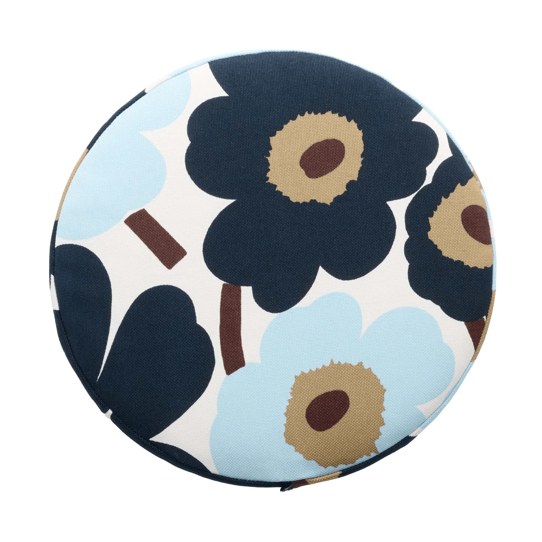 Pieni unikko okrągła poduszka na siedzisko, White-blueberry-cold blue-dark brown Marimekko