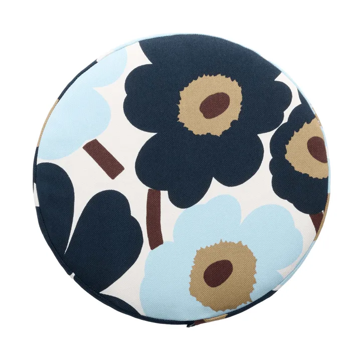 Pieni unikko okrągła poduszka na siedzisko - White-blueberry-cold blue-dark brown - Marimekko