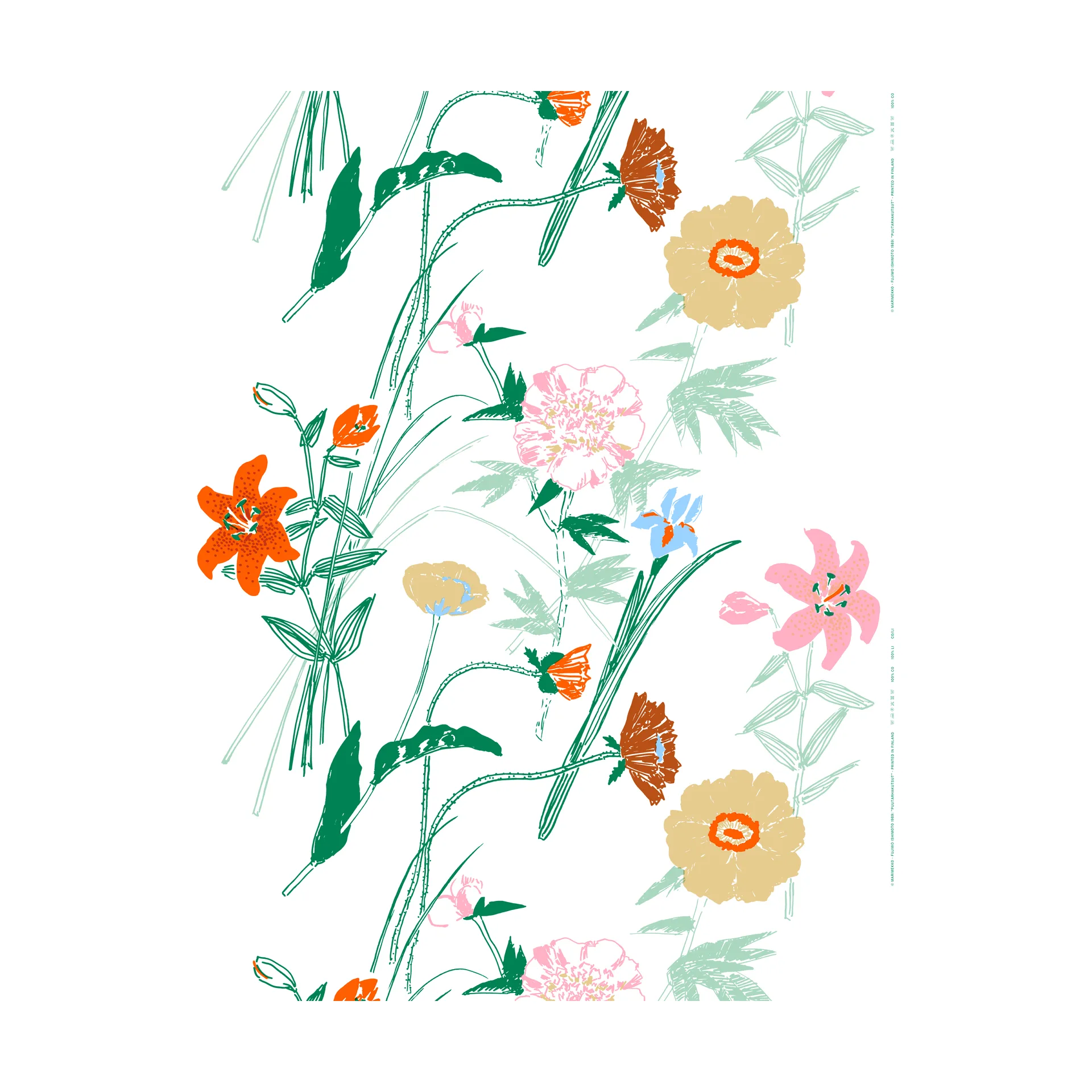 Tkanina bawełniana Puutarhakutsut, White-green-orange Marimekko